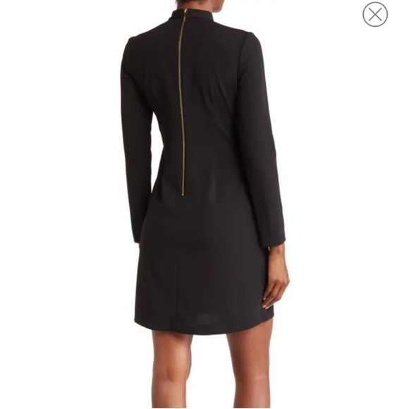Calvin Klein Black Long Sleeve High Neck Shift Dress with Faux Tie at Neck Sz 4 - Picture 2 of 10